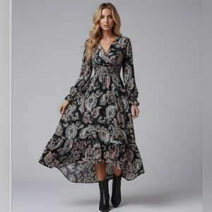 Boho Paisley Print Belted A-line Dress
